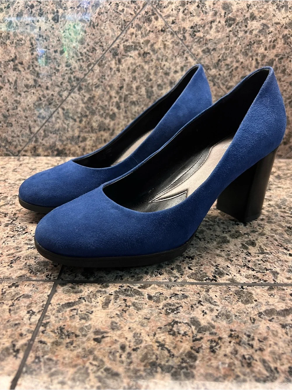 Franco Sarto Blue Suede Block Rounded Toe Heel Pumps